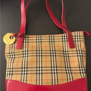 Burberry Tan and Red Check Tote
